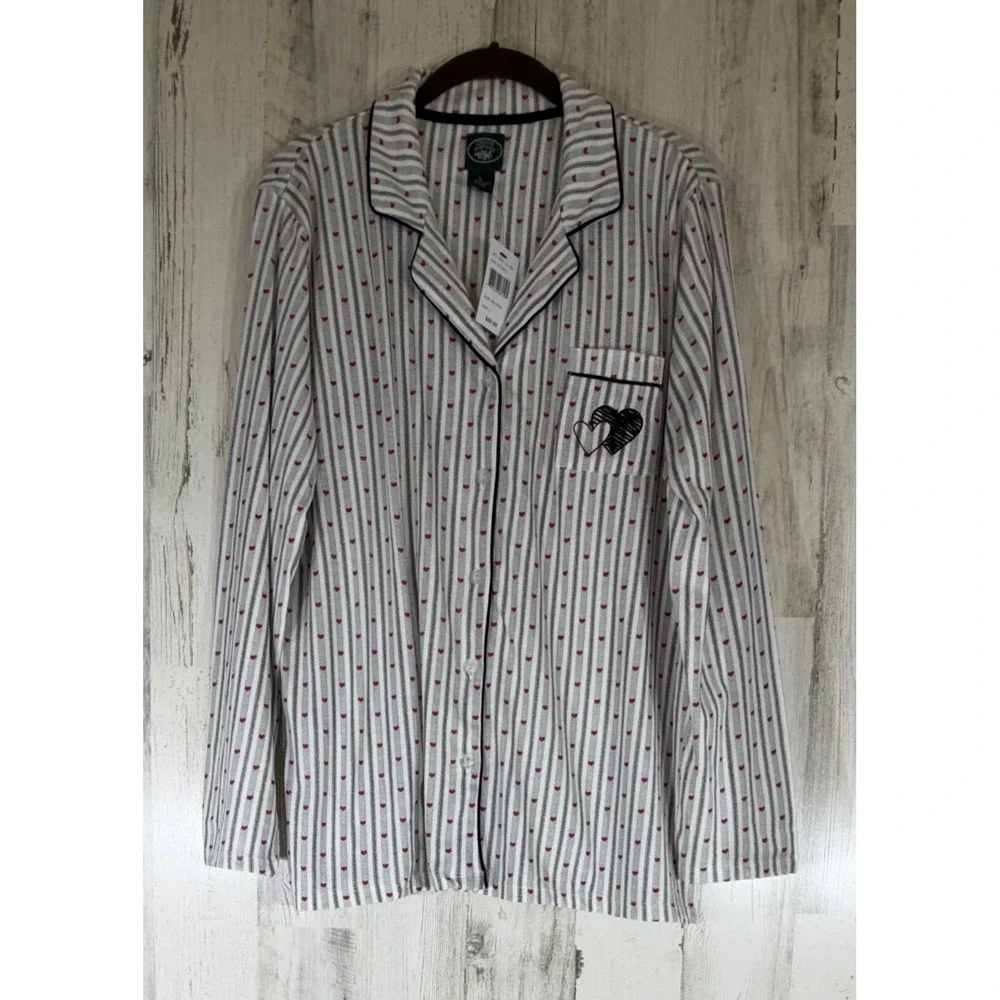 Laura Ashley Pajama Top Large Grey Stripe‎ Red Heart Loungewear Valentines NWT